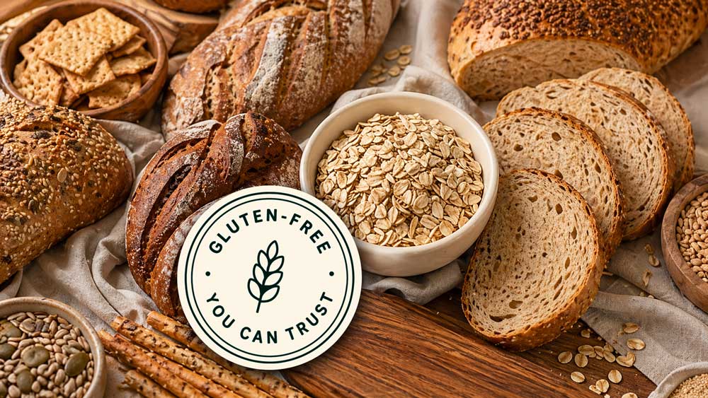 gluten-free you can trust - badge with bakery foods behind it