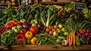 produce on table with locally grown sign
