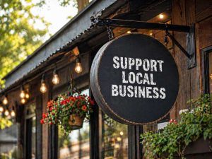 rustic store sign that reads support local business