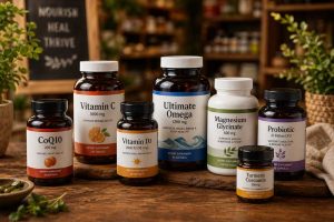 group of vitamin bottles on a table